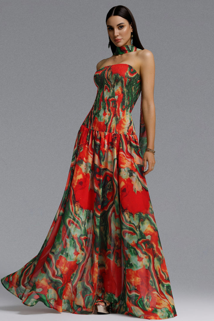 Roxany Vintage Contour Halter Strapless Scarf Fluid Oil Paint Maxi Dress	