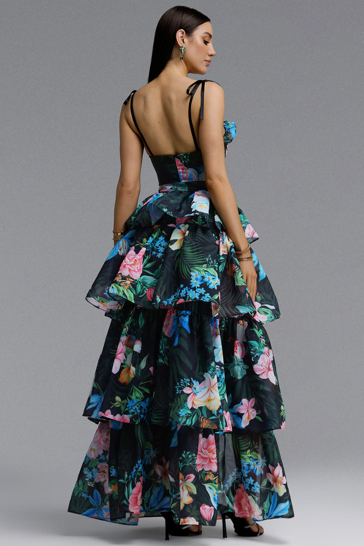 Pale Chic Flowy Halter Cut Out Floral Print Ruffle Green Maxi Dress	