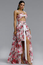 Load image into Gallery viewer, Pale Chic Flowy Halter Cut Out Floral Print Ruffle Pink Maxi Dress	