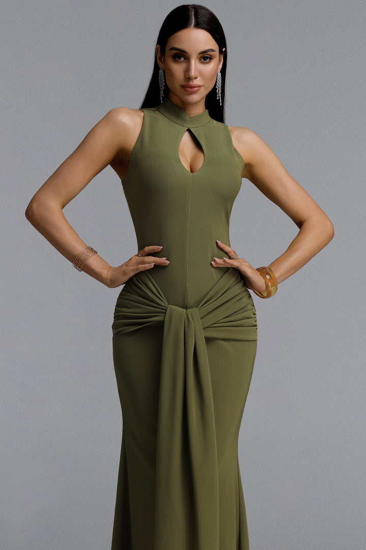Sukia Chic Form-Fitting High Neck Cutout Draped Tie Sleeveless Mermaid Maxi Dress	
