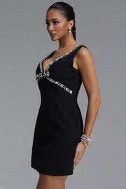Davina Elegant Tailored V Neck Sleeveless Rhinestone Woven Mini Dress	