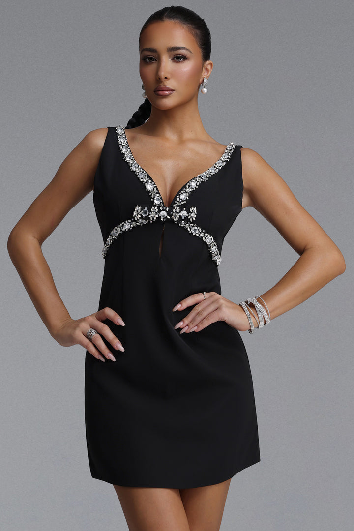 Davina Elegant Tailored V Neck Sleeveless Rhinestone Woven Mini Dress	