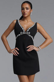 Davina Elegant Tailored V Neck Sleeveless Rhinestone Woven Mini Dress	