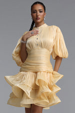 Load image into Gallery viewer, Fagra Resort Flowy Puff Sleeve Ruffle Shimmer Satin Mini Dress