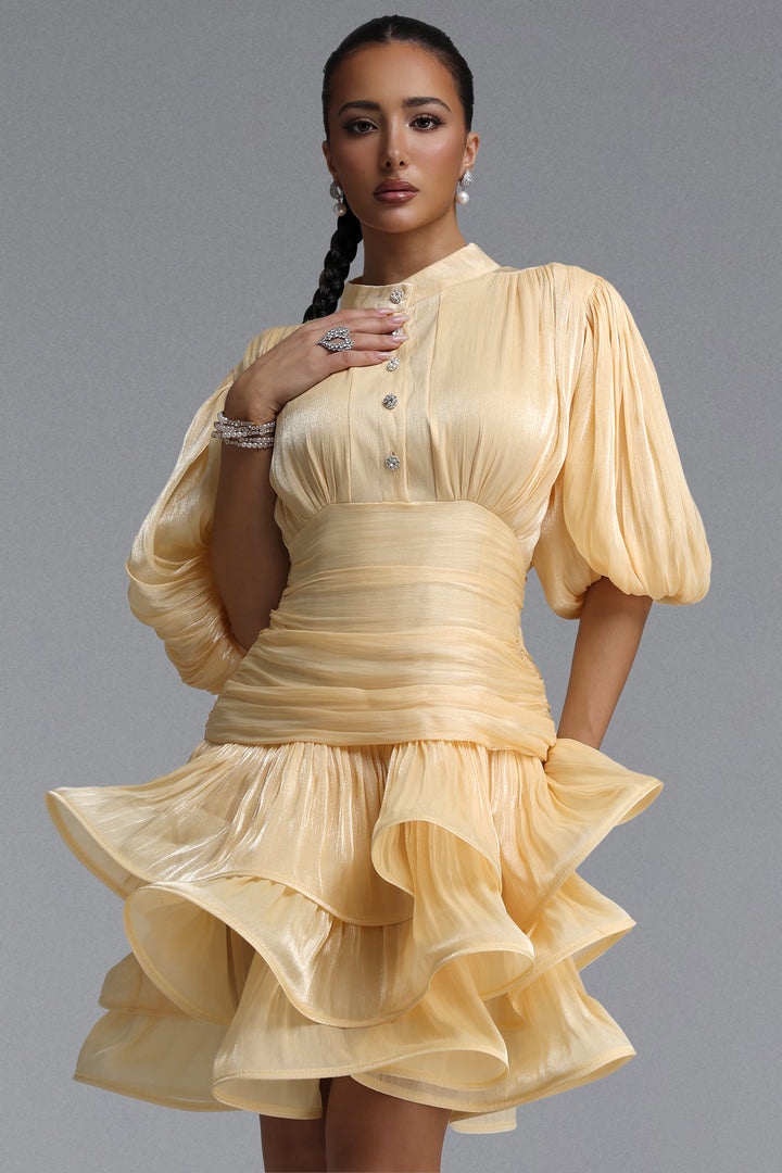 Fagra Resort Flowy Puff Sleeve Ruffle Shimmer Satin Mini Dress