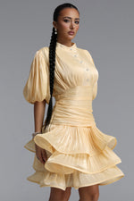 Load image into Gallery viewer, Fagra Resort Flowy Puff Sleeve Ruffle Shimmer Satin Mini Dress