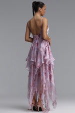 Load image into Gallery viewer, Yuni Resort Flowy Spaghetti Strap Lace Trimmed Asymmetric Ruffle Woven Maxi Dress	