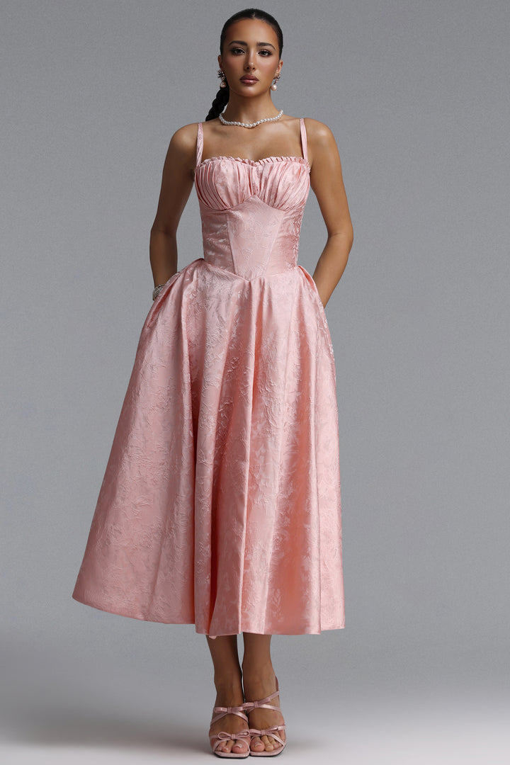 Sliya Elegant Tailored Sleeveless Jacquard Satin Maxi Dress	