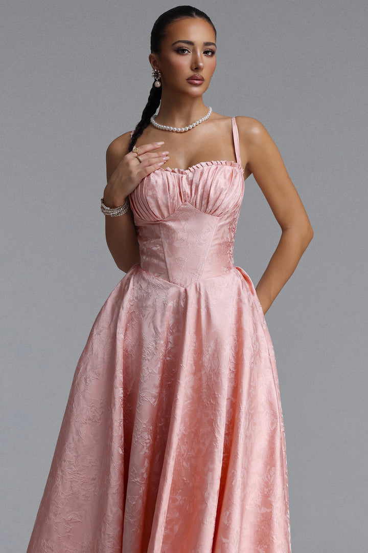 Sliya Elegant Tailored Sleeveless Jacquard Satin Maxi Dress	