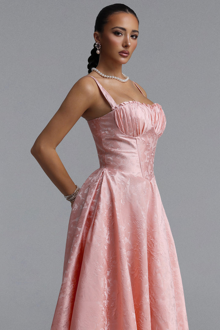 Sliya Elegant Tailored Sleeveless Jacquard Satin Maxi Dress	
