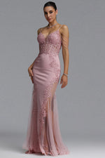 Load image into Gallery viewer, Encho Elegant Waist-Cinching Thin Strap V-Neck Off-Shoulder Tassel Lace Floral Mesh Bodycon Mermaid Maxi Evening Dress