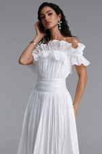 Load image into Gallery viewer, Suku Elegant Flowy Off Shoulder Ruched White Maxi Dress