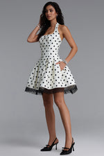 Load image into Gallery viewer, Rizza Classic Tailored Square Neck Lace Trimmed Polka DotWoven Mini Dress