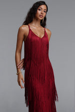 Load image into Gallery viewer, Alex Classic Contour V Neck Layered Fringe Bandage Red Maxi Dress