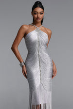 Load image into Gallery viewer, Mamie Elegant Fitted Rhinestone Tassel Maxi Bandage Dress