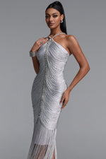 Load image into Gallery viewer, Mamie Elegant Fitted Rhinestone Tassel Maxi Bandage Dress