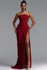 Load image into Gallery viewer, Tazeda Elegant Contour Strapless Ruched Mesh Red Maxi Dress