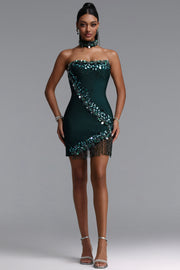 Ock Exquisite Fitted Sequin Rhinestone Beaded Fringe Mini Bandage Dress
