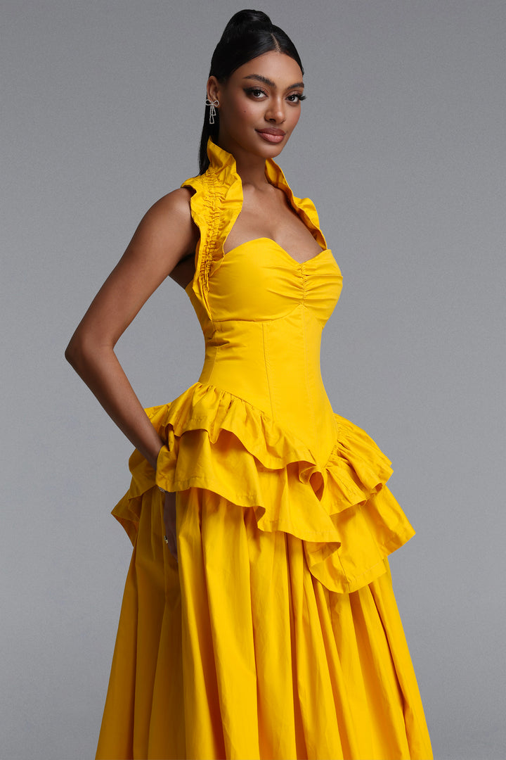 Shea Elegant Waist-Cinched Halter Neck Ruffled Maxi Dress
