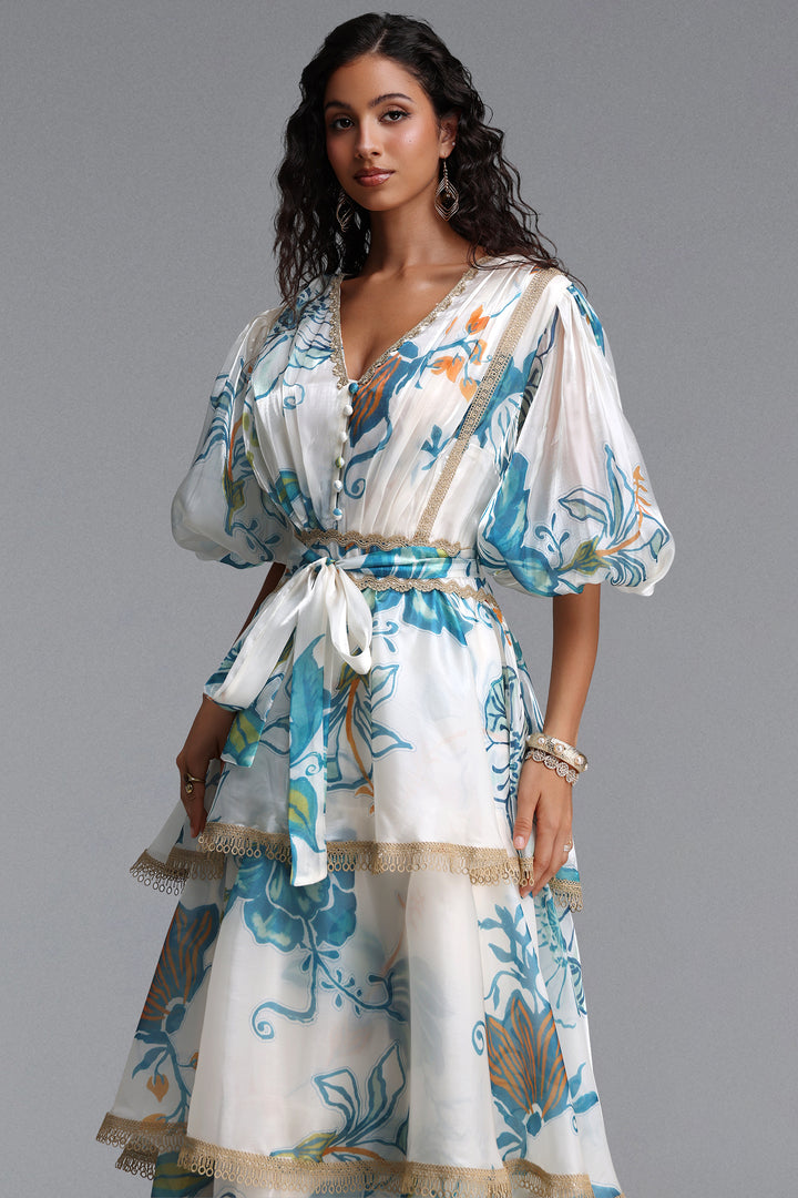Lisbon Resort Flowy Puff Sleeve Floral Print Organza Maxi Dress