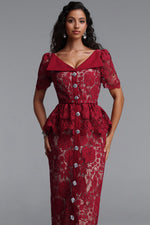 Load image into Gallery viewer, Quinn Elegant Cinched Short Sleeve Floral Lace Red Maxi Dress