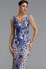 Load image into Gallery viewer, Zaha Classic V Neck Tassel Beaded Shoulder Sequin Mermaid Maxi Dress