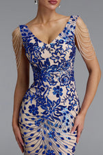 Load image into Gallery viewer, Zaha Classic V Neck Tassel Beaded Shoulder Sequin Mermaid Maxi Dress