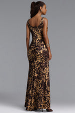 Load image into Gallery viewer, Evelina Sexy Contour Ruched Waist Sleeveless Leopard Print Knit Maxi Dress