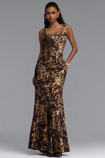 Load image into Gallery viewer, Evelina Sexy Contour Ruched Waist Sleeveless Leopard Print Knit Maxi Dress