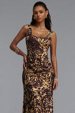 Load image into Gallery viewer, Evelina Sexy Contour Ruched Waist Sleeveless Leopard Print Knit Maxi Dress