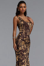Load image into Gallery viewer, Evelina Sexy Contour Ruched Waist Sleeveless Leopard Print Knit Maxi Dress