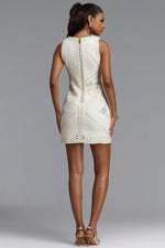 Load image into Gallery viewer, Habiba Chic Round Neck Sleeveless Gold Studded Geometric Pattern Tweed Beige Mini Dress