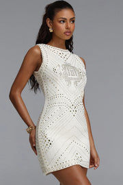Habiba Chic Round Neck Sleeveless Gold Studded Geometric Pattern Tweed Beige Mini Dress
