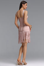 Load image into Gallery viewer, Sergio Sexy Cinched Waist Halter Metallic Decor Tassel Bandage Mini Dress
