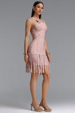 Load image into Gallery viewer, Sergio Sexy Cinched Waist Halter Metallic Decor Tassel Bandage Mini Dress