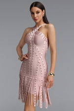Load image into Gallery viewer, Sergio Sexy Cinched Waist Halter Metallic Decor Tassel Bandage Mini Dress