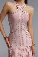 Load image into Gallery viewer, Sergio Sexy Cinched Waist Halter Metallic Decor Tassel Bandage Mini Dress