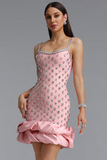 Load image into Gallery viewer, Francina Exquisite Contour Camisole Rhinestone Ruffle Pink Bandage Mini Dress