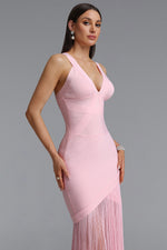 Load image into Gallery viewer, Emma Chic Contour V Neck Sleeveless Fringe Pink Bandage Maxi Dress