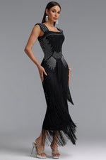 Load image into Gallery viewer, Hatice Square Neck Rhinestone Fringe Black Bandage Maxi Dress