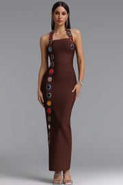Dixie Halter Sleeveless Diamond Brown Bandage Maxi Dress