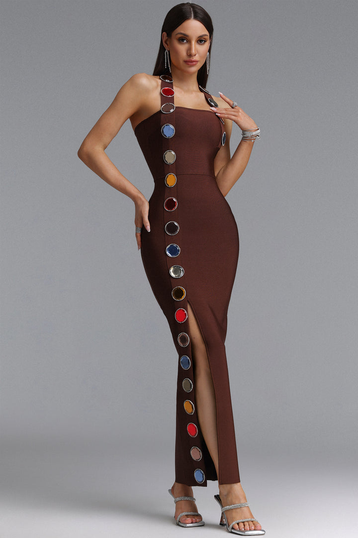 Dixie Halter Sleeveless Diamond Brown Bandage Maxi Dress