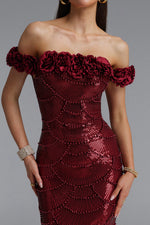 Load image into Gallery viewer, Laley Elegant Contour Off Shoulder Floral Pearl Woven Maxi Dress