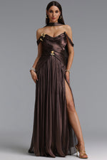 Load image into Gallery viewer, Sebastian Elegant Cinched Waist One Shoulder Sash Ruched Metallic Decor Woven Maxi Dress