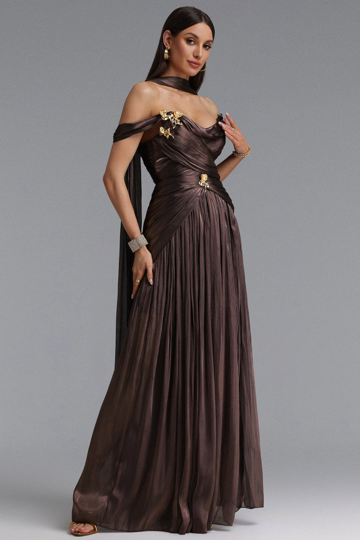 Sebastian Elegant Cinched Waist One Shoulder Sash Ruched Metallic Decor Woven Maxi Dress