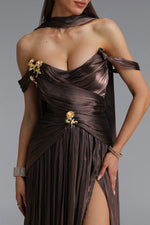 Load image into Gallery viewer, Sebastian Elegant Cinched Waist One Shoulder Sash Ruched Metallic Decor Woven Maxi Dress