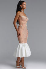 Load image into Gallery viewer, Falisa Vintage Strapless Heavy Ornate Pearl Pleated Midi Bandage Mermaid Dress
