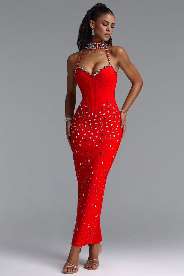 Zaniyah Glamorous Contour Halter Sweetheart Crystal Bandage Maxi Dress