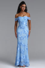 Load image into Gallery viewer, Soraya Romantic Elegant Off The Shoulder Bow Floral Flowy Maxi Dress