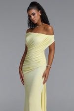 Load image into Gallery viewer, Slaia Minimalist Off Shoulder Diagonal Ruched Knit Yellow Maxi Dress